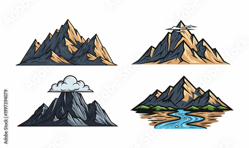 Mountain range landscape icons with various weather conditions.