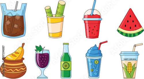 Refreshing Beverage Icons Featuring Watermelon, Grape, Iced Drinks, and Summer Coolers for Digital and Graphic Design