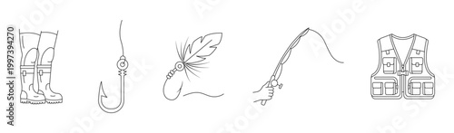 Fishing thin line icon set. Angling equipment and outdoor hobby outline icons. Editable stroke. Vector illustration.