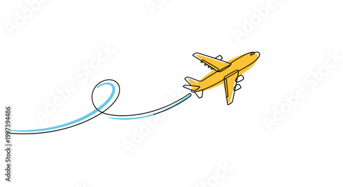Stylized illustration of a yellow airplane flying upwards and leaving a looped blue vapor trail behind it in a simple line art style.