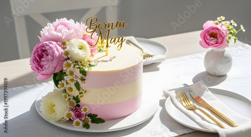 Beautiful cake decorated with fresh flowers for a May birthday celebration