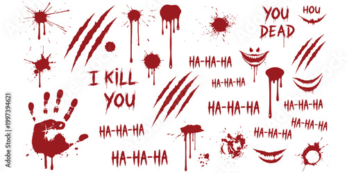 Set of horror graphic elements including blood splatters, claw marks, and grimacing faces for spooky designs