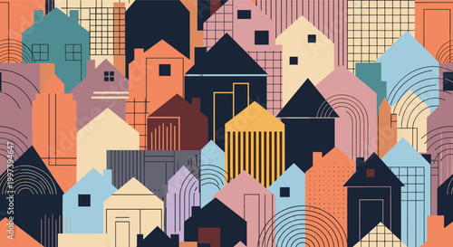Seamless architectural pattern showing a dense cluster of colorful houses with varied geometric shapes and textures in a modern flat style.