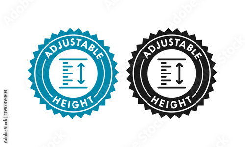 Professional adjustable height badge icon with measurement scale and arrows. Vector illustration of circular stamp for furniture features, industrial tools, and product packaging.