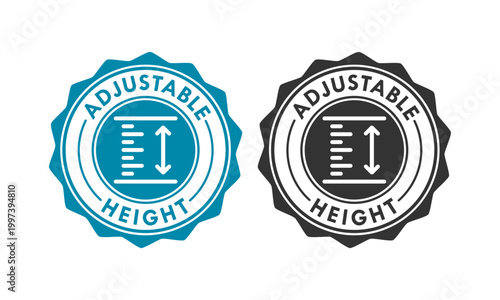 Professional adjustable height badge icon with measurement scale and arrows. Vector illustration of circular stamp for furniture features, industrial tools, and product packaging.