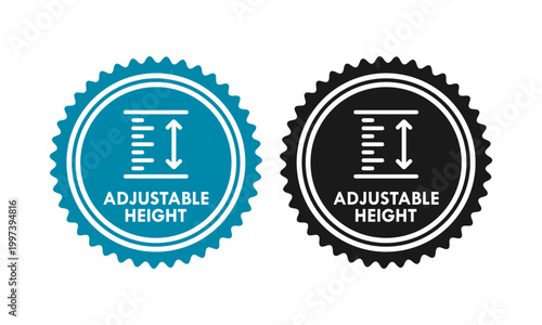 Professional adjustable height badge icon with measurement scale and arrows. Vector illustration of circular stamp for furniture features, industrial tools, and product packaging.
