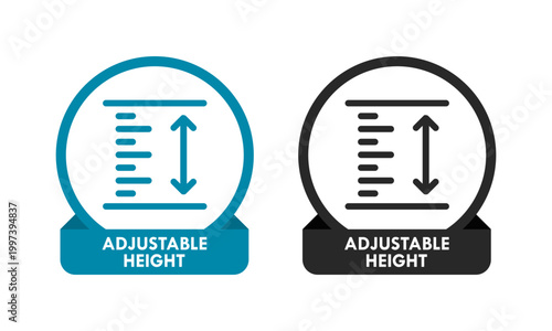 Professional adjustable height badge icon with measurement scale and arrows. Vector illustration of circular stamp for furniture features, industrial tools, and product packaging.