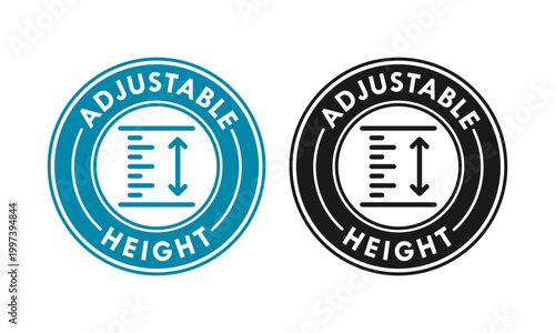 Professional adjustable height badge icon with measurement scale and arrows. Vector illustration of circular stamp for furniture features, industrial tools, and product packaging.