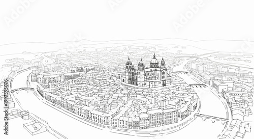 Aerial sketch of a European city with a large cathedral by a river