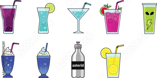 Vibrant and Unique Drink Icons Featuring Smoothies, Cocktails, and Refreshing Beverages for Digital Design