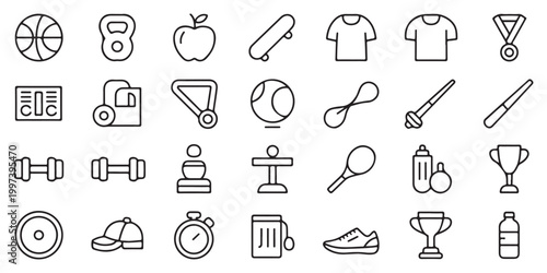 Sports and fitness equipment outline icons