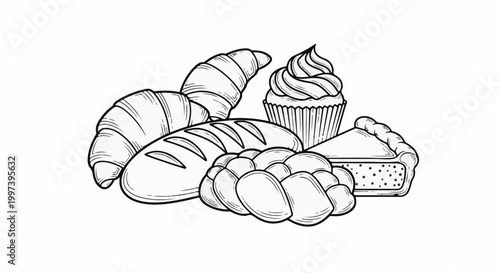 Black and white line drawing of a selection of baked goods