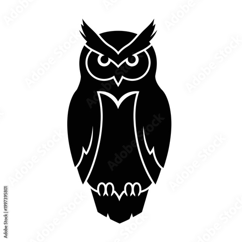 Silhouette of a majestic owl with piercing eyes and sharp talons, a symbol of wisdom.