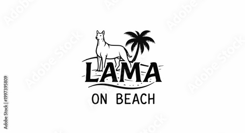 Black and white logo features a dog and palm tree on a beach with text
