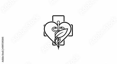 Black and white medical symbol with heart, cross, caduceus, and leaf