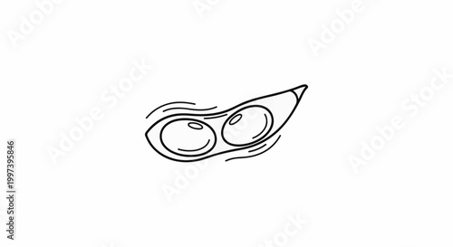 Black and white outline drawing of a bean pod with two beans inside