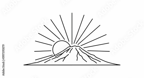 Black and white line art of a sun rising behind a mountain