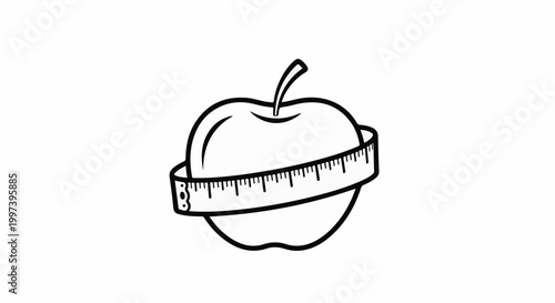 Black and white line art of an apple with a tape measure wrapped around it