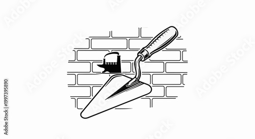 Black and white line art of a trowel on a brick wall background