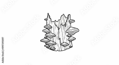 Black and white illustration of a decaying tree stump with shelf fungi