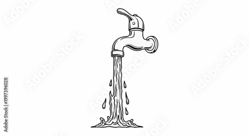 Black and white illustration of a faucet with water flowing