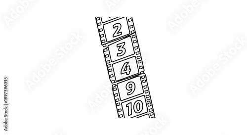 Black and white illustration of a film strip with numbers 2, 3, 4, 9, 10