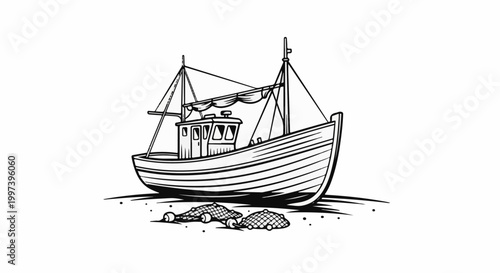 Black and white illustration of a fishing boat beached with nets on the shore