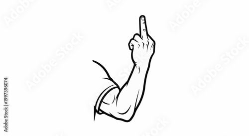 Black and white illustration of a flexed arm giving the middle finger gesture