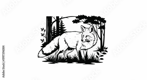 Black and white illustration of a fox in a forest setting