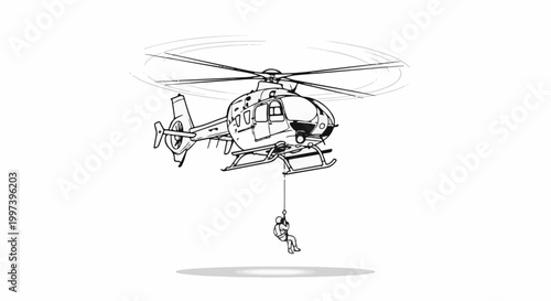 Black and white illustration of a helicopter lifting a person by rope