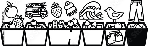 Simple Outline Icons: Fruits, Vehicles, Nature, Animals, Clothing, and Food