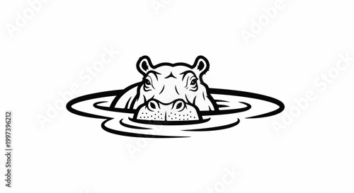 Black and white illustration of a hippopotamus emerging from water