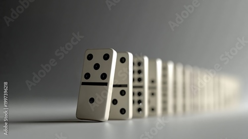 Dominos blancs alignés en perspective sur fond gris dans un éclairage doux
