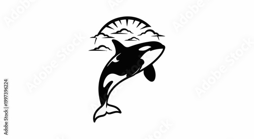 Black and white illustration of a killer whale jumping under a sun and clouds