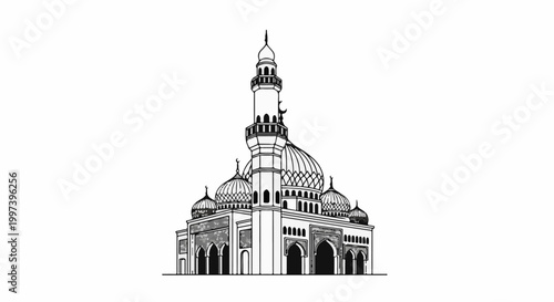 Black and white illustration of a large mosque with domes and a tall minaret