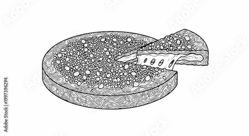 Black and white illustration of a layered cheese wheel with a slice removed