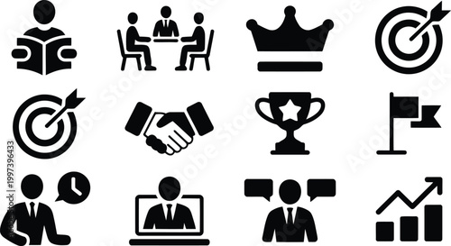 Professional business meeting icons representing leadership communication and corporate strategy for modern digital office management user interfaces