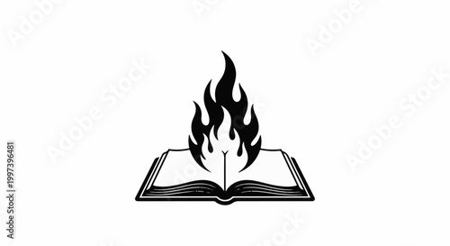 An open book with flames rising from its pages, depicted in a black and white graphic style