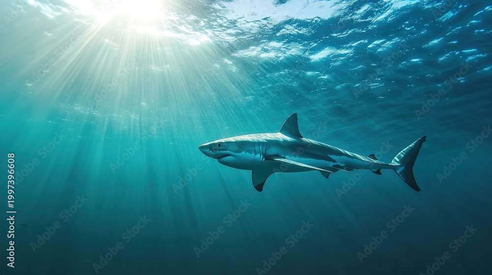 Obraz premium Great white shark cruising silently below a surf break, menacing shadow, dynamic ocean