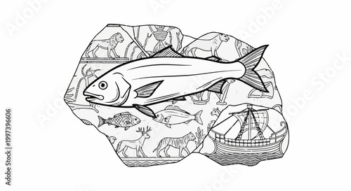Ancient art fragment with fish, animals, ship, and hieroglyphs