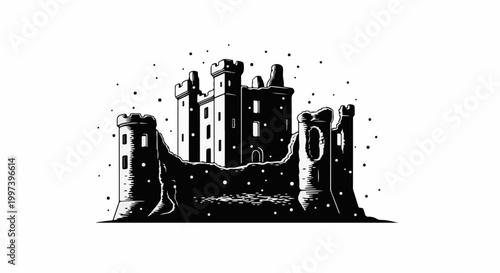 Ancient castle ruins stand starkly against a white backdrop with falling dots