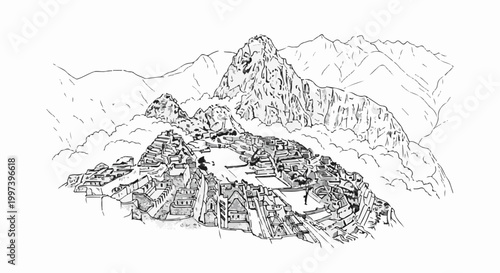 Ancient city nestled in dramatic mountain peaks and clouds