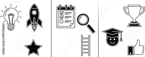 Business Success Icons: Idea, Rocket, Star, Checklist, Magnifying Glass, Ladder, Graduation Cap, Trophy, Like