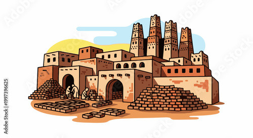 Ancient desert village with mud-brick buildings and a sunny sky