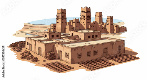 Ancient desert settlement with distinctive tiered buildings and arid landscape
