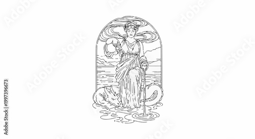 Ancient goddess with mythical creatures in stylized nature scene