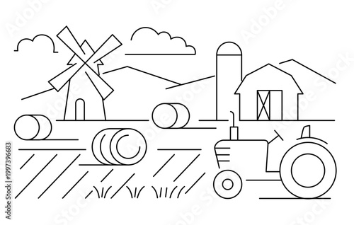 agriculture line landscape windmill, tractor, hay bales and farm buildings in countryside isolated on white background - editable stroke vector illustration