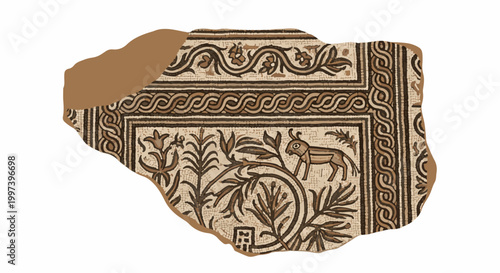 Ancient mosaic fragment with animal and floral motifs in earthy tones