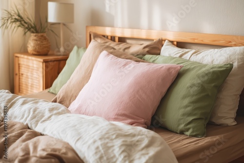 Comfortable dressed bed with cotton soft pillows, neutral tones, natural window light. Minimal Scandinavian master bedroom interior. Earthy colors bedding linen set. Eco-friendly cozy home aesthetic