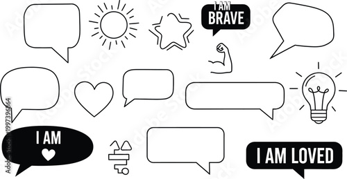 Affirmation Speech Bubbles, Sun, Star, Heart, Lightbulb, Muscle, I Am Brave